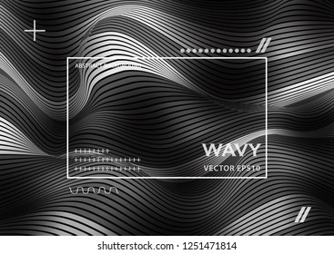 Wavy 3D Flow Black Lines with Gradient. Trendy Abstract Background with a Distorted Striped Surface. Futuristic Template with Effect of Volume and Movement. Curve Lines Background for Design.
