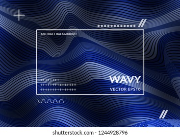 Wavy 3D Flow Blue Lines with Gradient. Trendy Abstract Background with a Distorted Striped Surface. Futuristic Template with Effect of Volume and Movement. Curve Lines Background for Design.