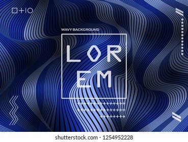 Wavy 3D Flow Blue Lines with Gradient. Trendy Abstract Background with a Distorted Striped Surface. Futuristic Template with Effect of Volume and Movement. Curve Lines Background for Design.