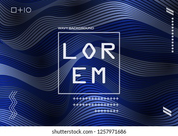 Wavy 3D Flow Blue Lines with Gradient. Trendy Abstract Background with a Distorted Striped Surface. Futuristic Template with Effect of Volume and Movement. Curve Lines Background for Design.