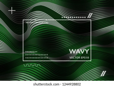 Wavy 3D Flow Green Lines with Gradient. Trendy Abstract Background with a Distorted Striped Surface. Futuristic Template with Effect of Volume and Movement. Curve Lines Background for Design.