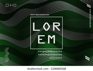 Wavy 3D Flow Green Lines with Gradient. Trendy Abstract Background with a Distorted Striped Surface. Futuristic Template with Effect of Volume and Movement. Curve Lines Background for Design.
