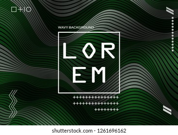 Wavy 3D Flow Green Lines with Gradient. Trendy Abstract Background with a Distorted Striped Surface. Futuristic Template with Effect of Volume and Movement. Curve Lines Background for Design.
