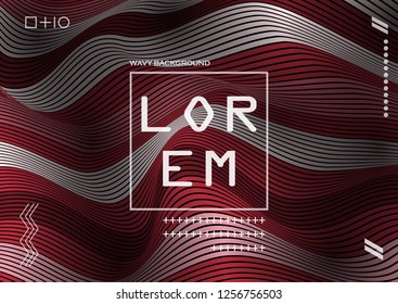 Wavy 3D Flow Red Lines with Gradient. Trendy Abstract Background with a Distorted Striped Surface. Futuristic Template with Effect of Volume and Movement. Curve Lines Background for Design.