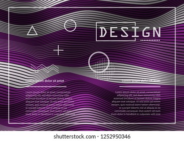 Wavy 3D Flow Violet Lines with Gradient. Trendy Abstract Background with a Distorted Striped Surface. Futuristic Template with Effect of Volume and Movement. Curve Lines Background for Design.