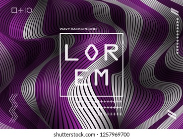 Wavy 3D Flow Violet Lines with Gradient. Trendy Abstract Background with a Distorted Striped Surface. Futuristic Template with Effect of Volume and Movement. Curve Lines Background for Design.