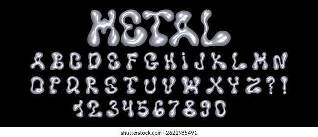 Wavy 3D font design featuring liquid metallic letters and numbers showcasing a creative and artistic approach to typography