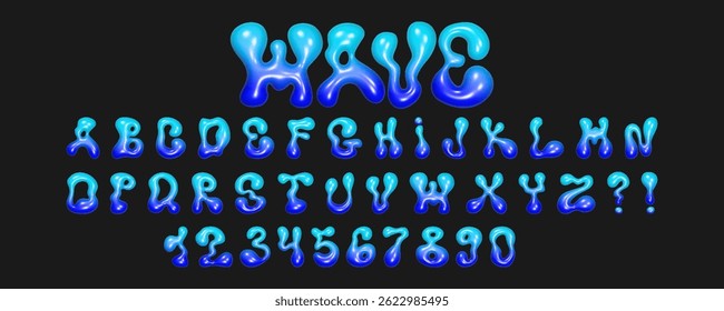 Wavy 3D font design featuring liquid letters and numbers with a glossy reflective texture against a dark background