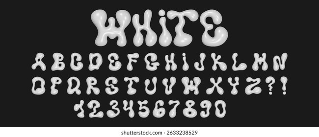 Wavy 3D font design featuring liquid letters and numbers with a reflective glossy texture on a black background