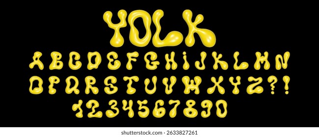 Design de fonte ondulada 3D exibindo letras e números líquidos com uma textura reflexiva brilhante que enfatiza a criatividade e o potencial de design