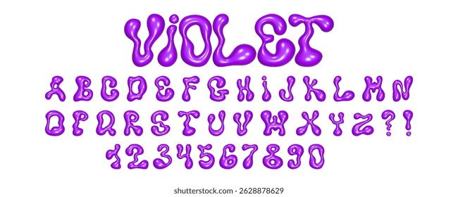 Wavy 3D font showcasing liquid letters and numbers in a vibrant glossy purple color, ideal for creative graphic design projects.