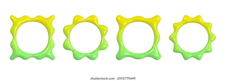 Wavy 3D frames with smooth gradient and reflective texture showcase vibrant colors in Y2K style