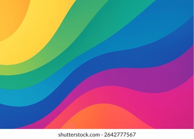 A wavy abstract background featuring vibrant colors from yellow, green, blue, purple, pink, to orange. The flowing design creates a dynamic, cheerful, and modern feel perfect for creative projects.