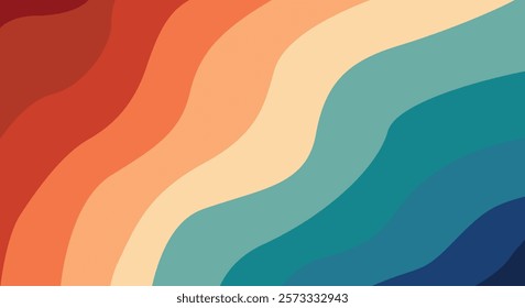 A wavy abstract background featuring warm and cool tones, including shades of red, orange, beige, blue, and green. A visually appealing and retro-inspired design