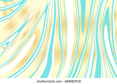 Wavy abstract background. Ink marbling texture. White, golden and turquoise. Hand drawn marble illustrations, ebru aqua paper and silk prints. Traditional Turkish ebru technique. 
