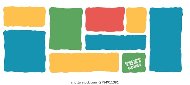 Cuadros de texto geométricos abstractos ondulados. Los rectángulos orgánicos citan marcos con bordes irregulares. Llamadas cuadradas curvas, etiquetas ásperas. Elementos de los niños de Doodle, Formas de la promoción del Vector geométrico aisladas no bg.