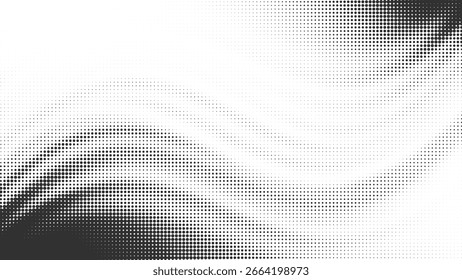 Anuncio de fondo de semitono abstracto ondulado. Patrón de puntos monocromo moderno con un flujo de gradiente suave que crea un efecto de ondulación digital para un encabezado de Sitio web futurista
