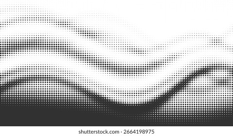 Banner de fundo de meio-tom abstrato ondulado. Padrão de ponto monocromático moderno com um fluxo de gradiente suave, criando um efeito de ondulação digital para um cabeçalho de site futurista