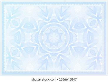 Wavy abstract line background (guilloche watermark pattern) with frame (border) for certificate, bank note, money - currency design. Vector blank horizontal template