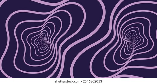 Un patrón de línea abstracta ondulada en lavanda pastel sobre un fondo púrpura oscuro, que se asemeja a los mapas topográficos. Perfecto para diseños de temática tecnológica, fondos o carteles.
