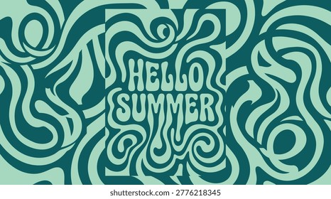 Wavy Abstract Pattern With Hello Summer Text In Teal And Mint Green greeting lettering