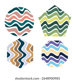 Padrões abstratos ondulados em formas circulares, pentágono, hexágono e octógono com paletas vibrantes inspiradas na natureza. Ideal para projetos de design contínuo e arte digital.