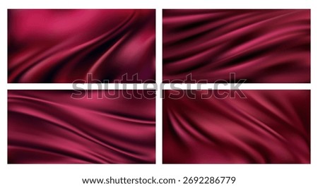 Wavy abstract satin cloth, clumped surface of burgundy color fabric material. Vector realistic background texture. Set of textile, silk or velvet curtains or draperies, tablecloth or elegant tissue