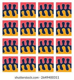 A wavy abstract seamless pattern in a bright color palette of coral, navy, and golden yellow. Ideal for backgrounds, fabrics, and design projects.