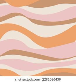 Wavy abstract seamless pattern. Groovy pastel color endless background with hand drawn curves in retro style. Vector illustration with geometric shapes