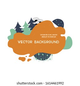 Wavy abstract shapes, flat fir trees and hand drawn elements. Vector background with copy space for text, slogan, greeting inscription, title. Orange frame with Christmas forest. Graphic layout