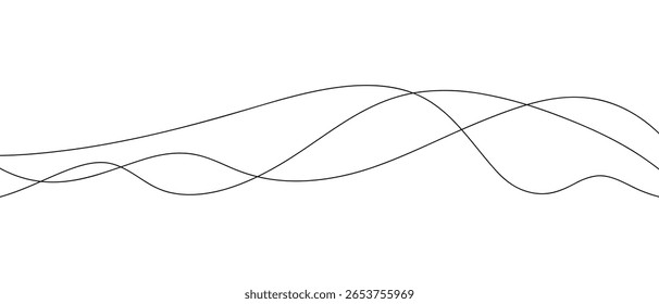 Líneas finas abstractas onduladas con una curva sobre un fondo blanco, elemento de fondo, Vector. Moderno fondo minimalista gráfico en blanco y negro para Anuncios, carteles, páginas de Web. La onda de sonido