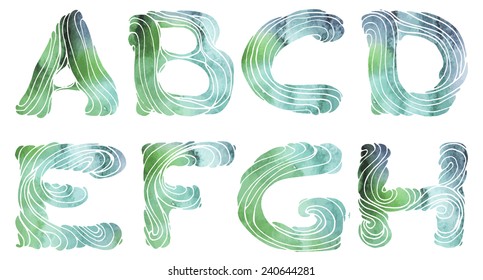 Wavy alphabet. Watercolor Fonts. Letters A, B, C, D, E, F, G, H. Vector template