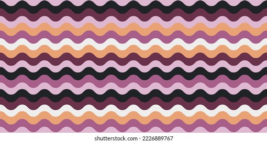 Wavy alternating lines go one after another. The predominant colors are pink, beige, black. For print and interior design vector pattern.