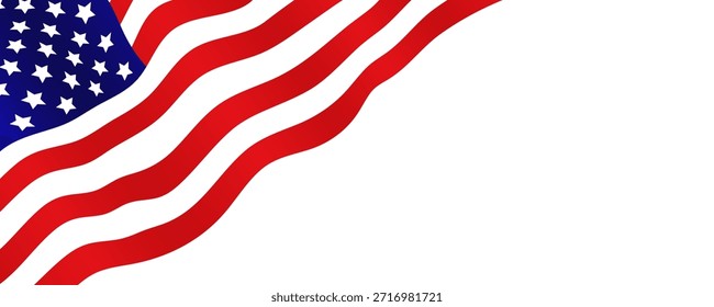 Wavy American flag border in corner on white background with copy space. For patriotic design and celebration Independence Day 4th of July, Memorial, Veterans Day. Editable vector illustration.