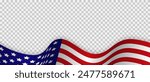 Wavy American flag on a transparent background. National symbol of the USA. Banner for Independence Day 4th of July, Memorial, Veterans Day, freedom and democracy celebration.