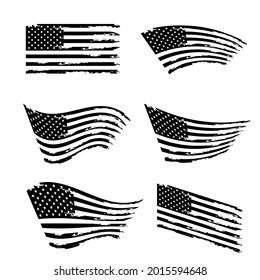 Wavy american flag set. Black and white grunge USA flag.  Isolated on white background. Vector illustration. 