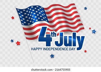 Wavy american flag and stars on transparent background - 4th July - Independence Day. Vector illustration.