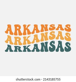 Wavy Arkansas, USA Lettering Design. Retro Waves Illustration Vector Design. Hippie Clip art Stacked Text Boho.