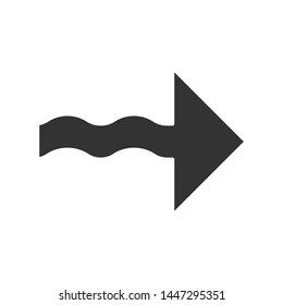 Wavy arrow glyph icon. Direction pointer sign. Indicating arrowhead. Pointing cursor. Marker, indicator. Motion, next. Movement sign. Silhouette symbol. Negative space. Vector isolated illustration