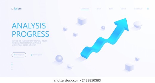 Icono de flecha hacia arriba ondulado en la vista isométrica. Gráfico de crecimiento. Análisis de progreso, diagrama de estadísticas, negocios exitosos, obtener ganancias. Ilustración vectorial para la visualización del concepto de presentación