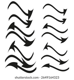 Wavy arrow icons. Dynamic curve symbols. Fluid direction Vector. Energetic motion sign.
