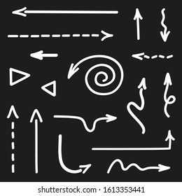 Wavy arrow on isolated black background. Hand drawn dotted and curly arrows. Set of different pointers. Black and white illustration