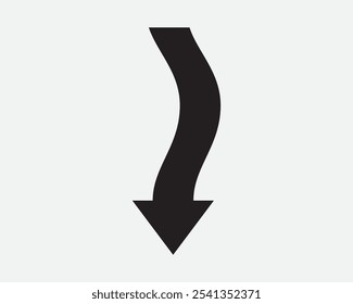 Punto de flecha ondulado hacia abajo que apunta hacia el sur por debajo de la curva de descenso inverso hacia atrás Flujo aguas abajo Apuntar Negro Blanco Vector Signo Icono Forma Esquema