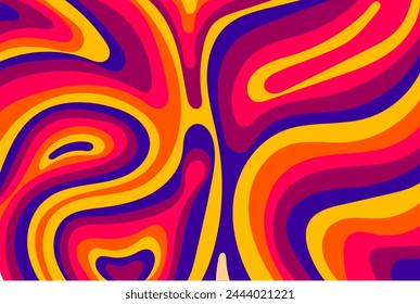 Wavy background, 60s 70s groovy style. Funky rainbow swirl psychedelic color. Vector illustration