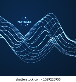 Wavy background. Array with dynamic particles. Composition with motion effect. 3d technology style. Vector illustration.
