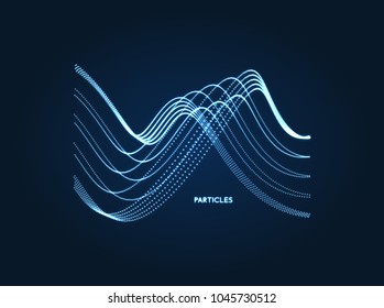 Wavy background. Array with dynamic particles. Composition with motion effect. 3d technology style. Vector illustration.