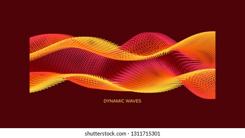 Wavy background. Array with dynamic particles. Composition with motion effect. 3d technology style. Vector illustration.