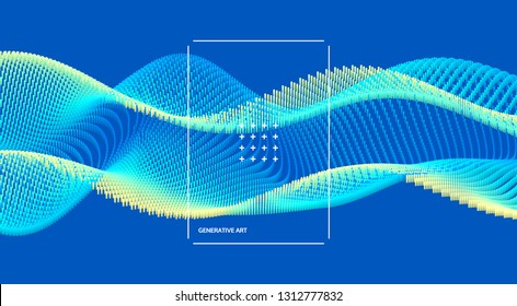Wavy background. Array with dynamic particles. Composition with motion effect. 3d technology style. Vector illustration.