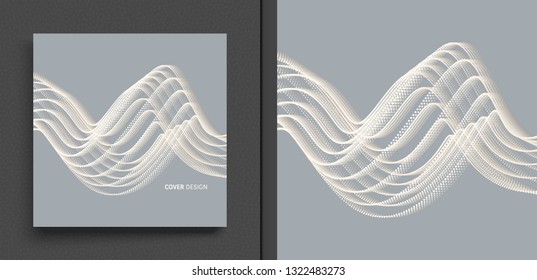 Wavy background. Array with dynamic particles. Composition with motion effect. 3d technology style. Vector illustration.