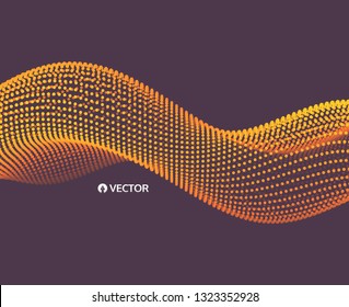 Wavy background. Array with dynamic particles. Composition with motion effect. 3d technology style. Vector illustration.